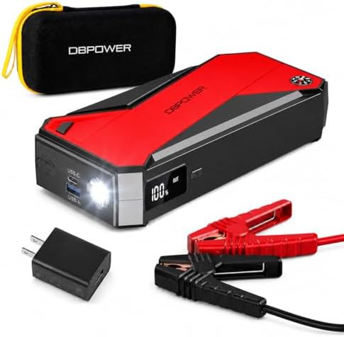 Black and red jump starter with LCD display
